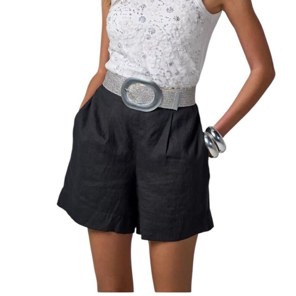 Boston Proper Effortless Pull-On Linen Blend Shorts Black Size Medium Pockets